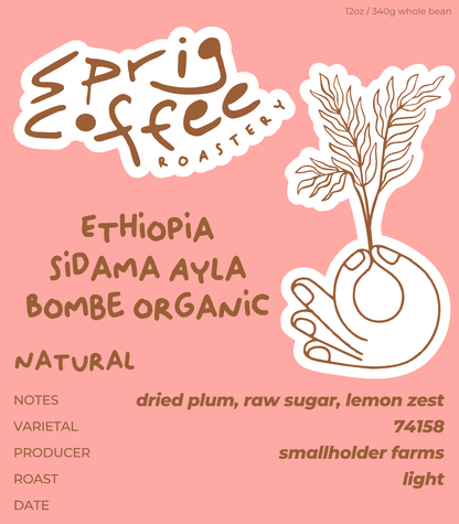 Ethiopia Sidama Ayla Bombe organic natural coffee label from Sprig Coffee Roastery