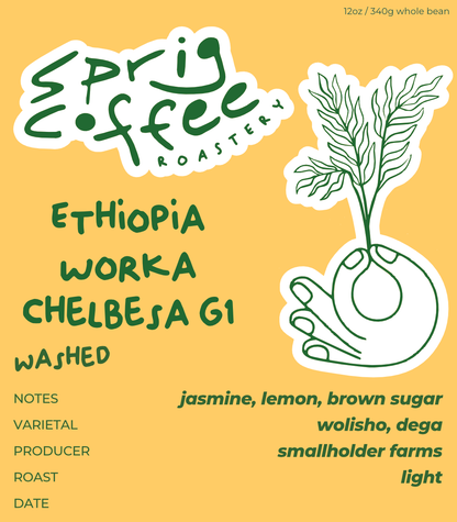 Ethiopia Worka Chelbesa G1 washed coffee label from Sprig Coffee Roastery